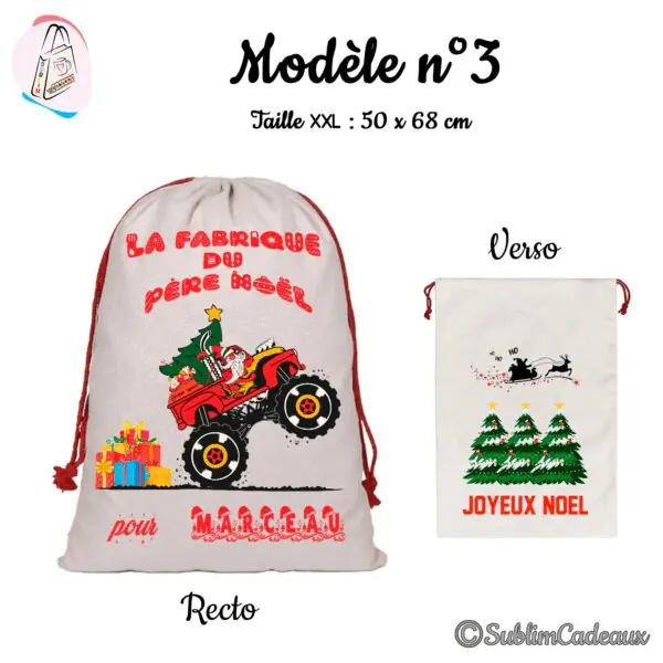 Hotte de Noël en toile beige à cordon rouge, imprimée du Père Noël au volant d'un monster truck, sapins enneigés au verso