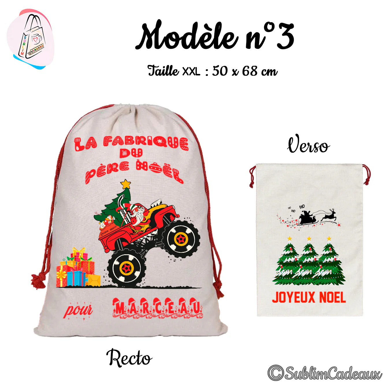 Hotte de Noël en toile beige à cordon rouge, imprimée du Père Noël au volant d'un monster truck, sapins enneigés au verso