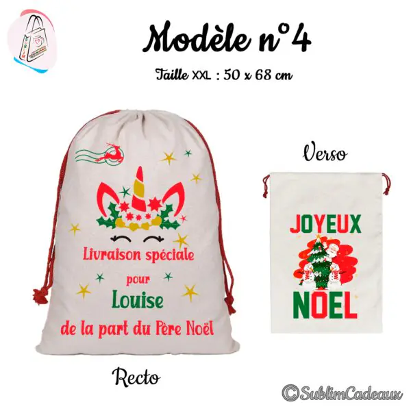Hotte de Noël en toile beige à cordon rouge, imprimée d'une tête de licorne aux couleurs de Noël, Joyeux Noël au verso