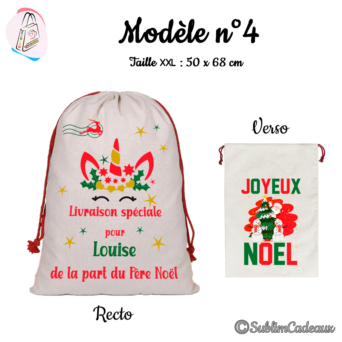 Hotte de Noël en toile beige à cordon rouge, imprimée d'une tête de licorne aux couleurs de Noël, Joyeux Noël au verso