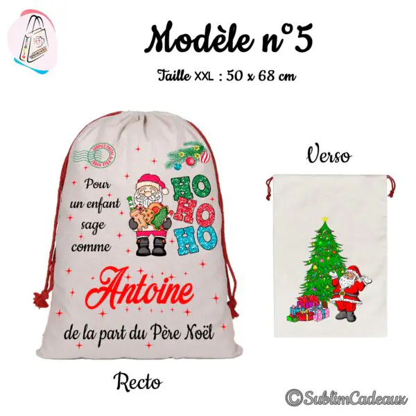 Hotte de Noël en toile beige à cordon rouge, imprimée du Père Noël, d'un pain d'épices et d'un HO HO HO pailleté