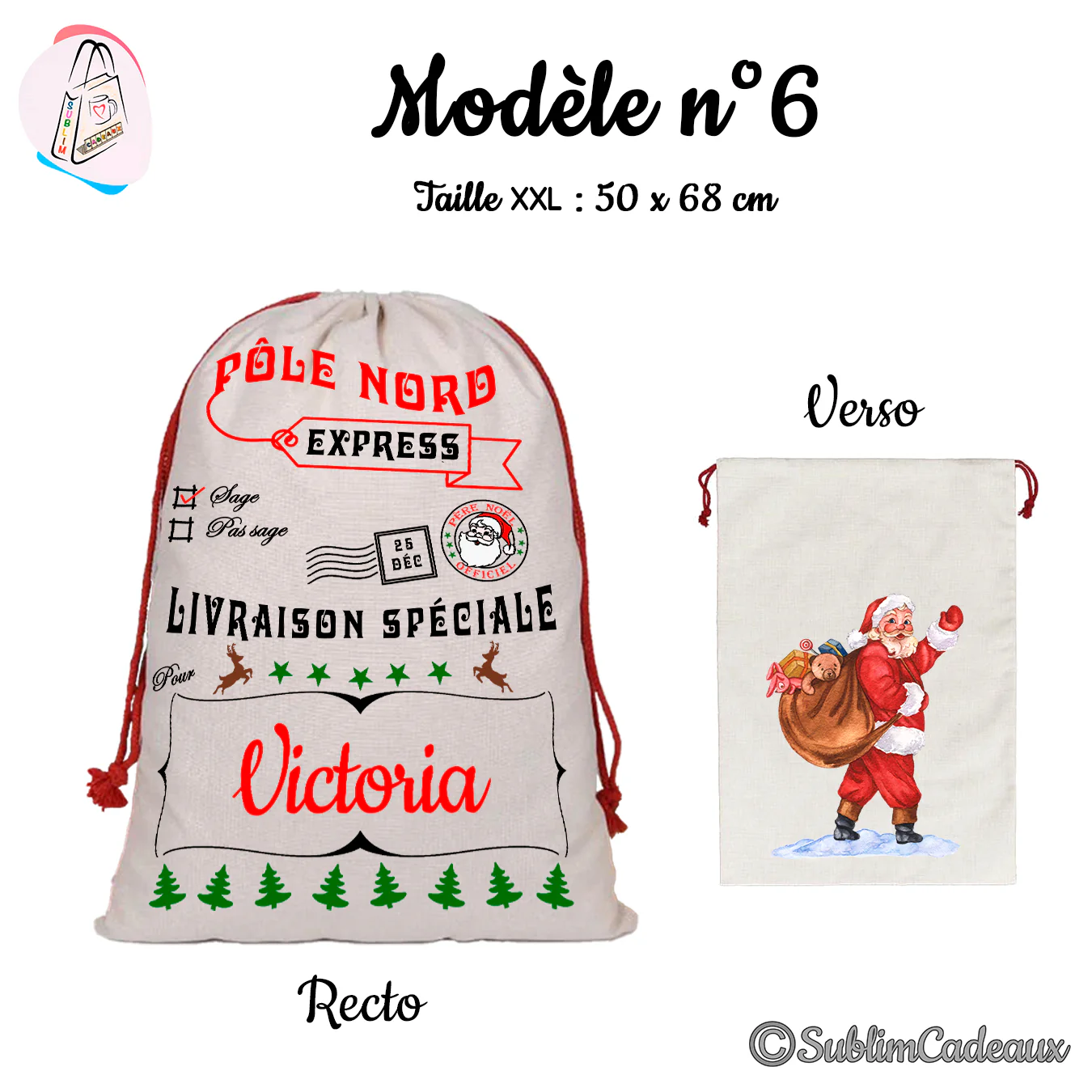 Hotte de Noël en toile beige à cordon rouge, imprimée d'un cachet Pôle Nord Express et de sapins, Père Noël au verso