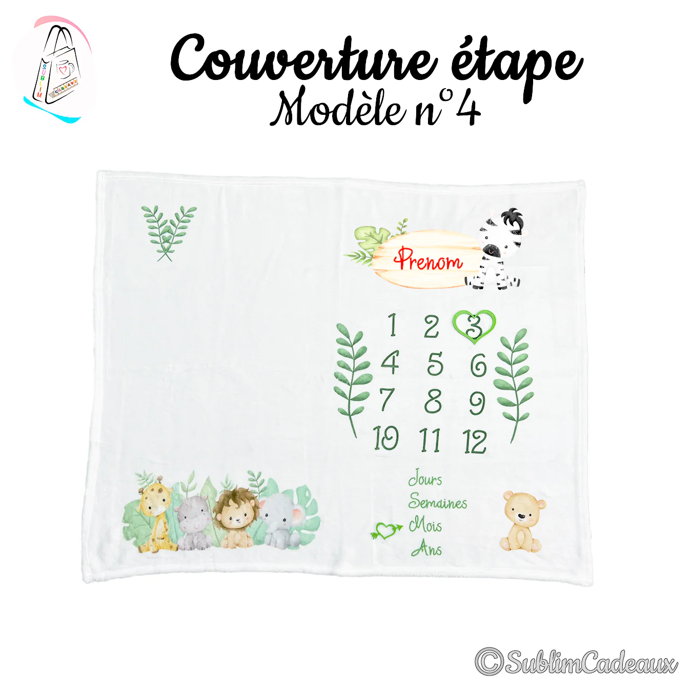 Couverture étape bébé blanche imprimée d'animaux de la savane, girafe, lion, zèbre et chiffres 1 à 12 en vert