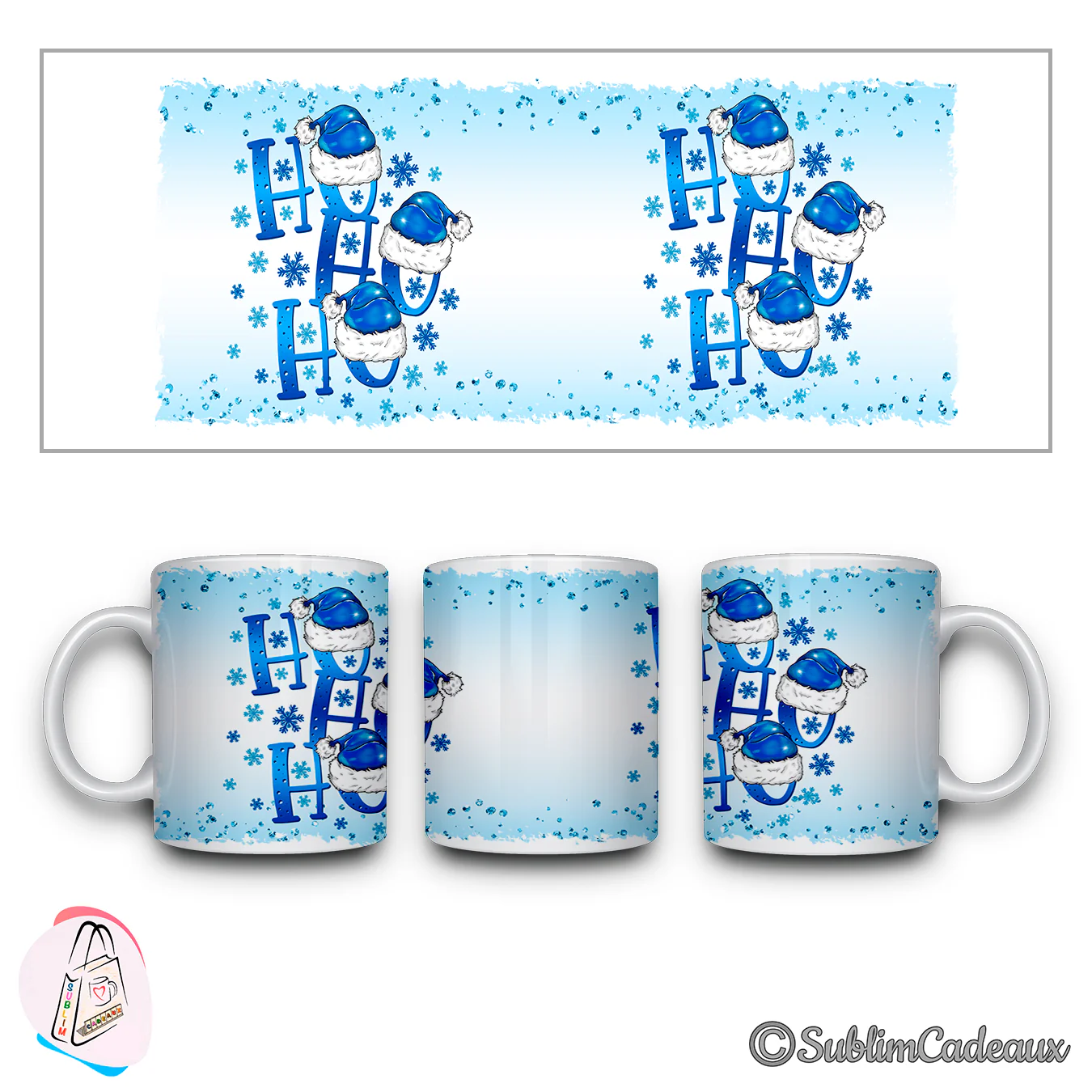 Mug en céramique imprimé d'un HO HO HO bleu coiffé de bonnets de Noël, avec des flocons sur fond bleu givré