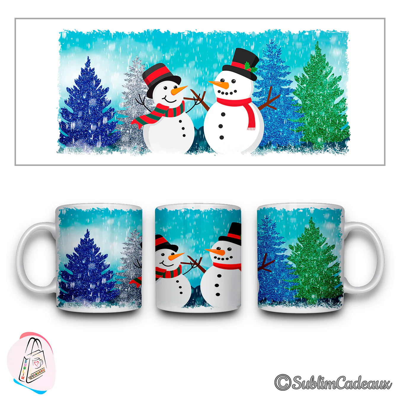 Mug en céramique imprimé de deux bonshommes de neige à chapeau et écharpe, entourés de sapins scintillants bleus et verts