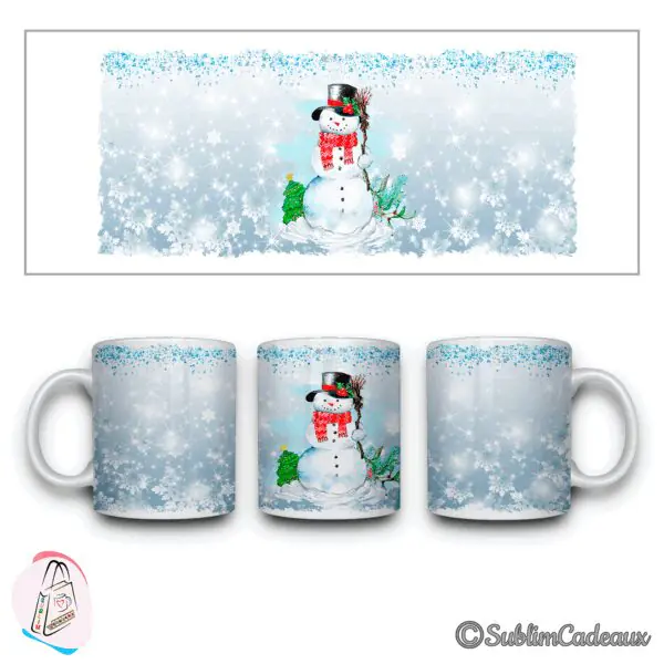 Mug en céramique imprimé d'un bonhomme de neige à haut-de-forme et écharpe rouge tenant un balai, fond de flocons bleutés