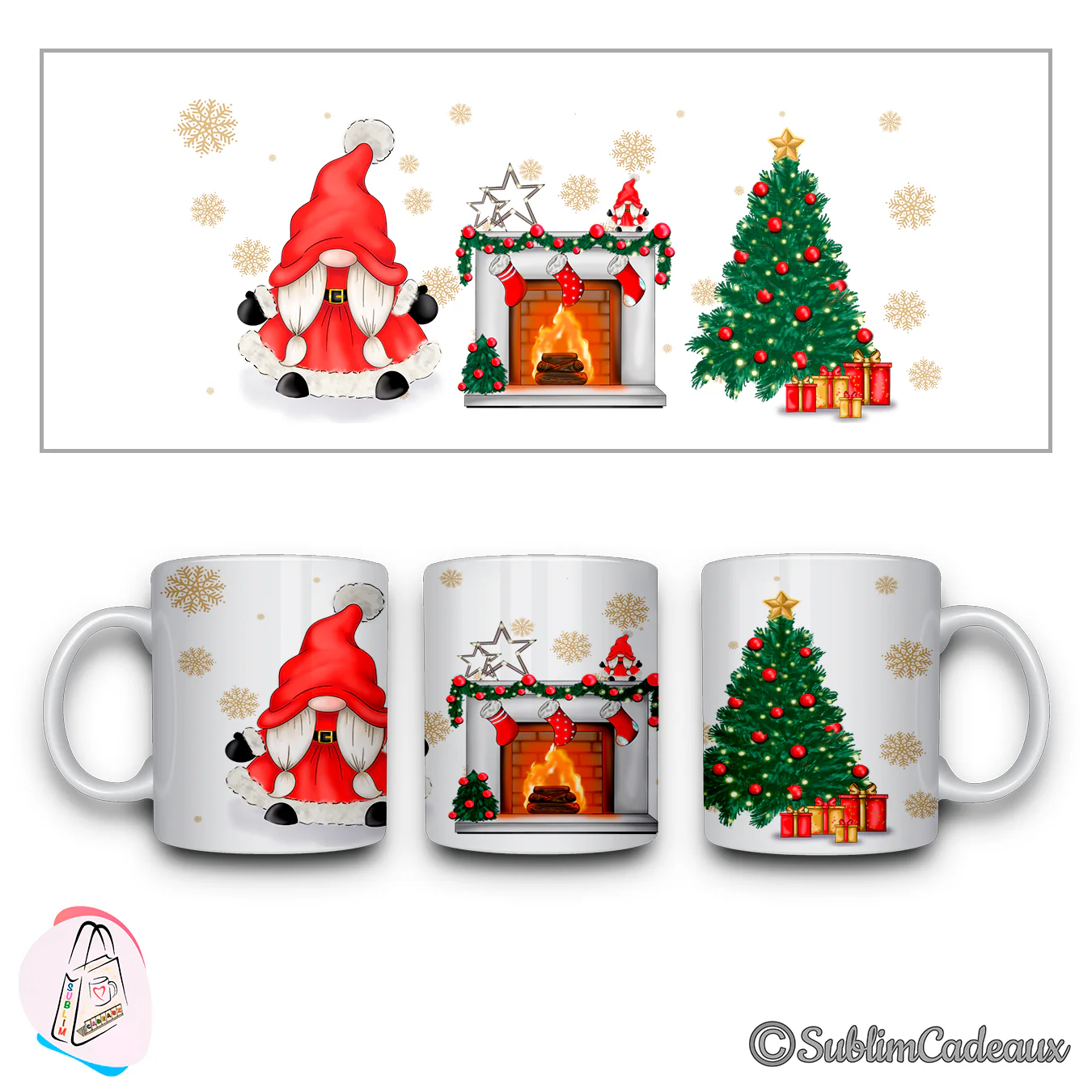 Mug en céramique imprimé d'un lutin de Noël rouge, d'une cheminée garnie de chaussettes et d'un sapin décoré avec cadeaux