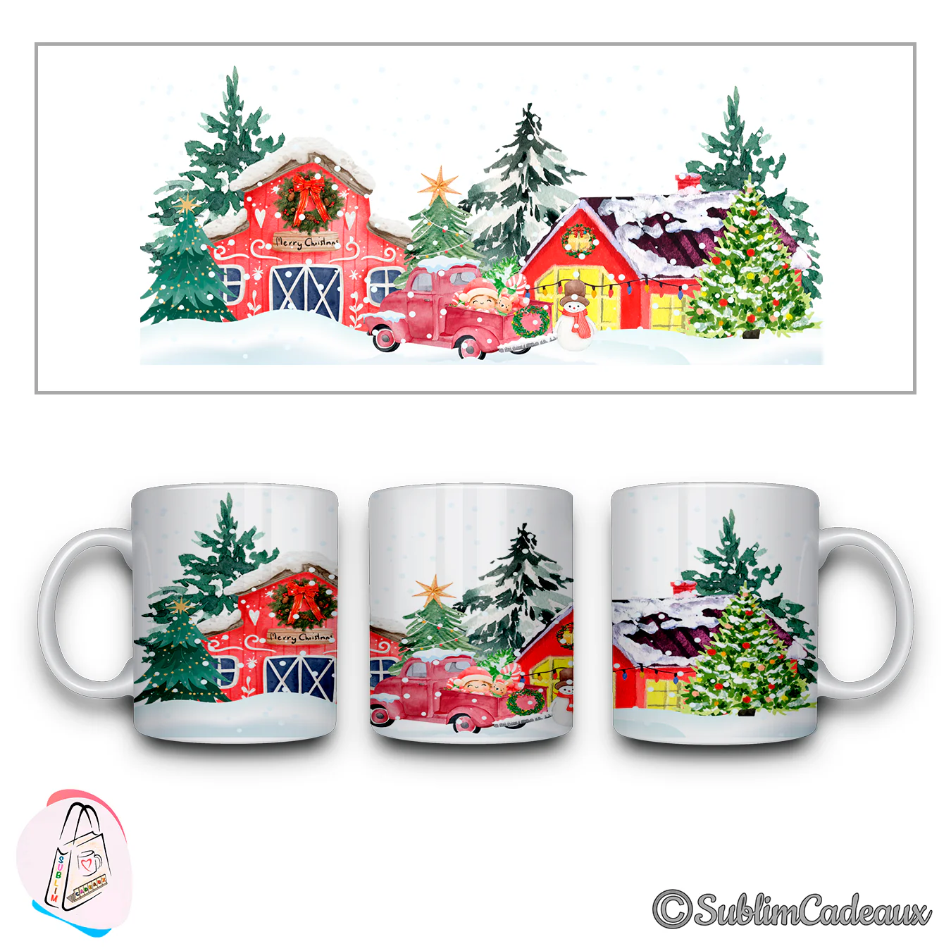 Mug en céramique imprimé d'un village de Noël enneigé, grange rouge, sapins décorés, pick-up et bonhomme de neige