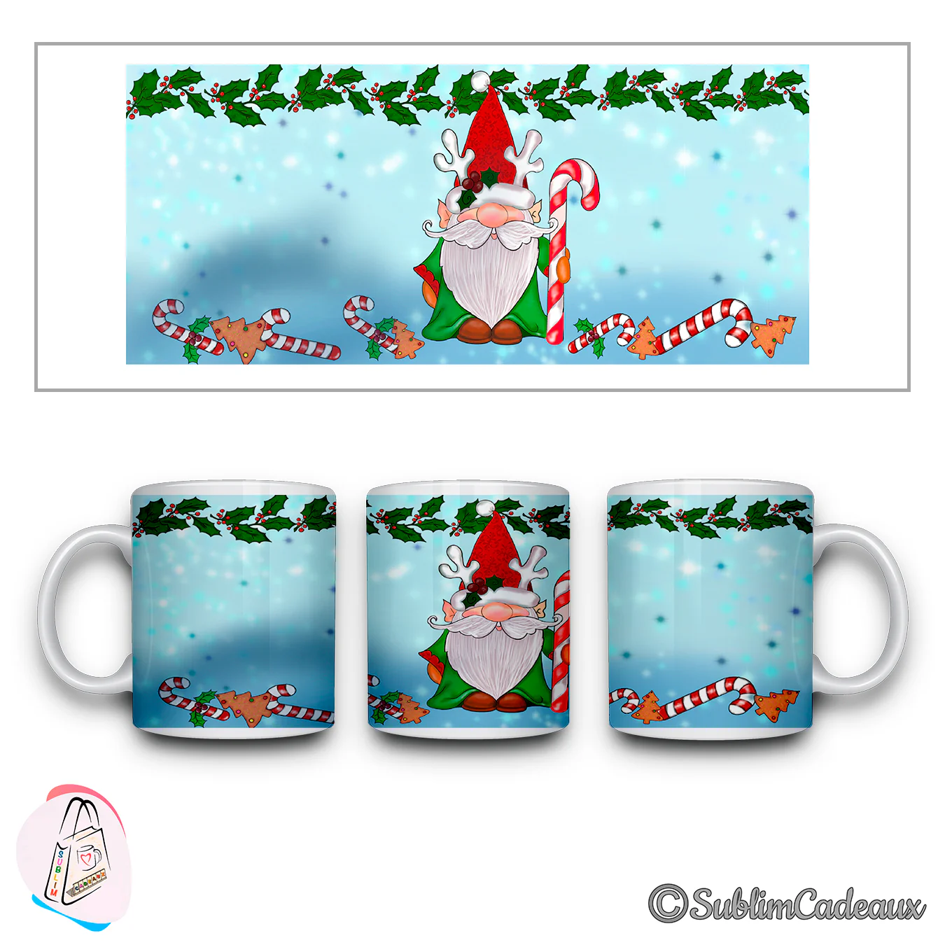 Mug en céramique imprimé d'un lutin de Noël à bonnet rouge et bois de renne tenant un sucre d'orge, guirlande de houx