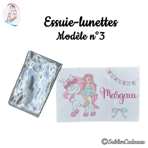 Essuie-lunettes microfibre imprimé d'une licorne à crinière rose montée par une fillette, prénom Margaux, avec pochette
