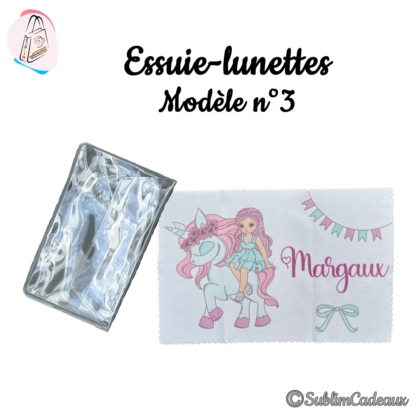 Essuie-lunettes microfibre imprimé d'une licorne à crinière rose montée par une fillette, prénom Margaux, avec pochette