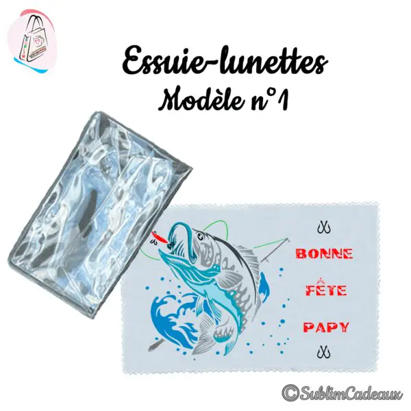 Essuie-lunettes microfibre imprimé d'un gros poisson happant un leurre, hameçons et texte Bonne fête Papy, avec pochette