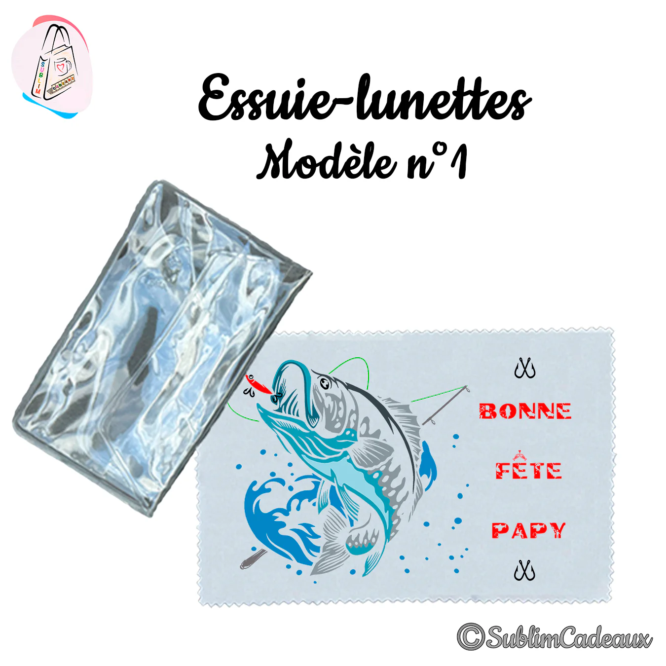 Essuie-lunettes microfibre imprimé d'un gros poisson happant un leurre, hameçons et texte Bonne fête Papy, avec pochette