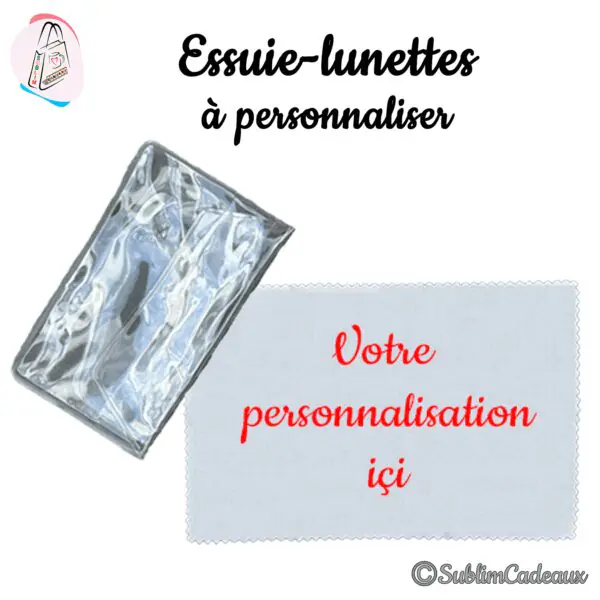 Essuie-lunettes en microfibre gris clair à personnaliser, présenté avec sa pochette transparente