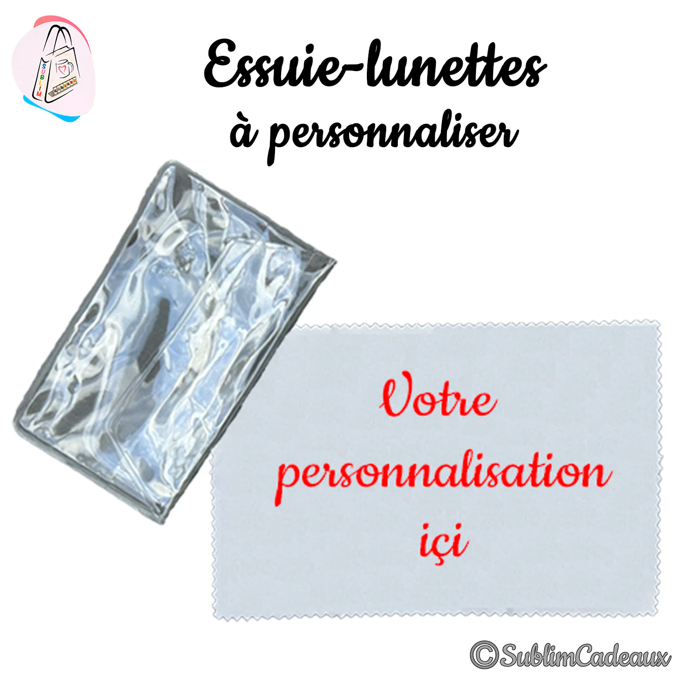 Essuie-lunettes en microfibre gris clair à personnaliser, présenté avec sa pochette transparente