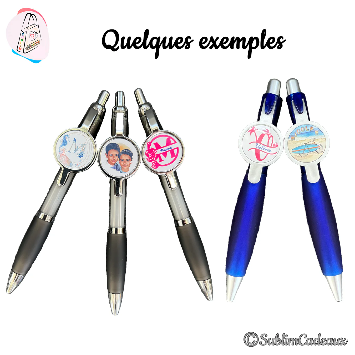 Stylos à bille surmontés d'un médaillon rond à personnaliser avec une photo ou un prénom, modèles gris et bleu