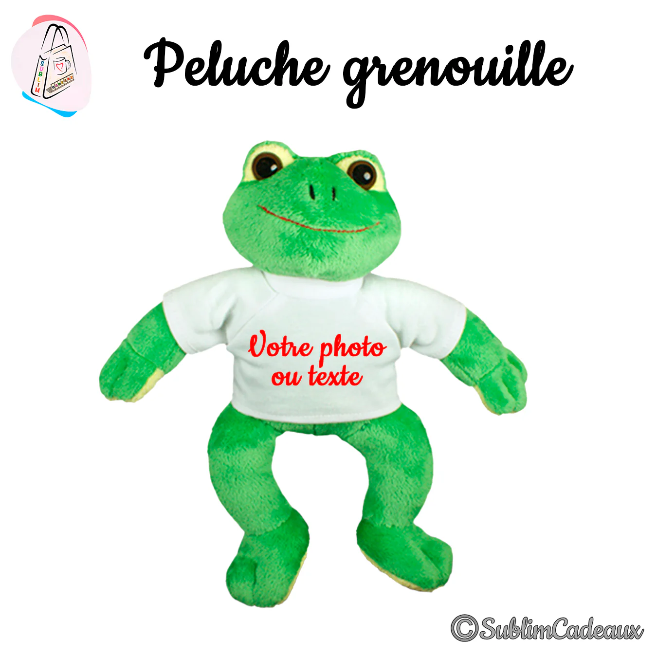 Peluche grenouille verte aux grands yeux, vêtue d'un tee-shirt blanc à personnaliser avec photo ou texte