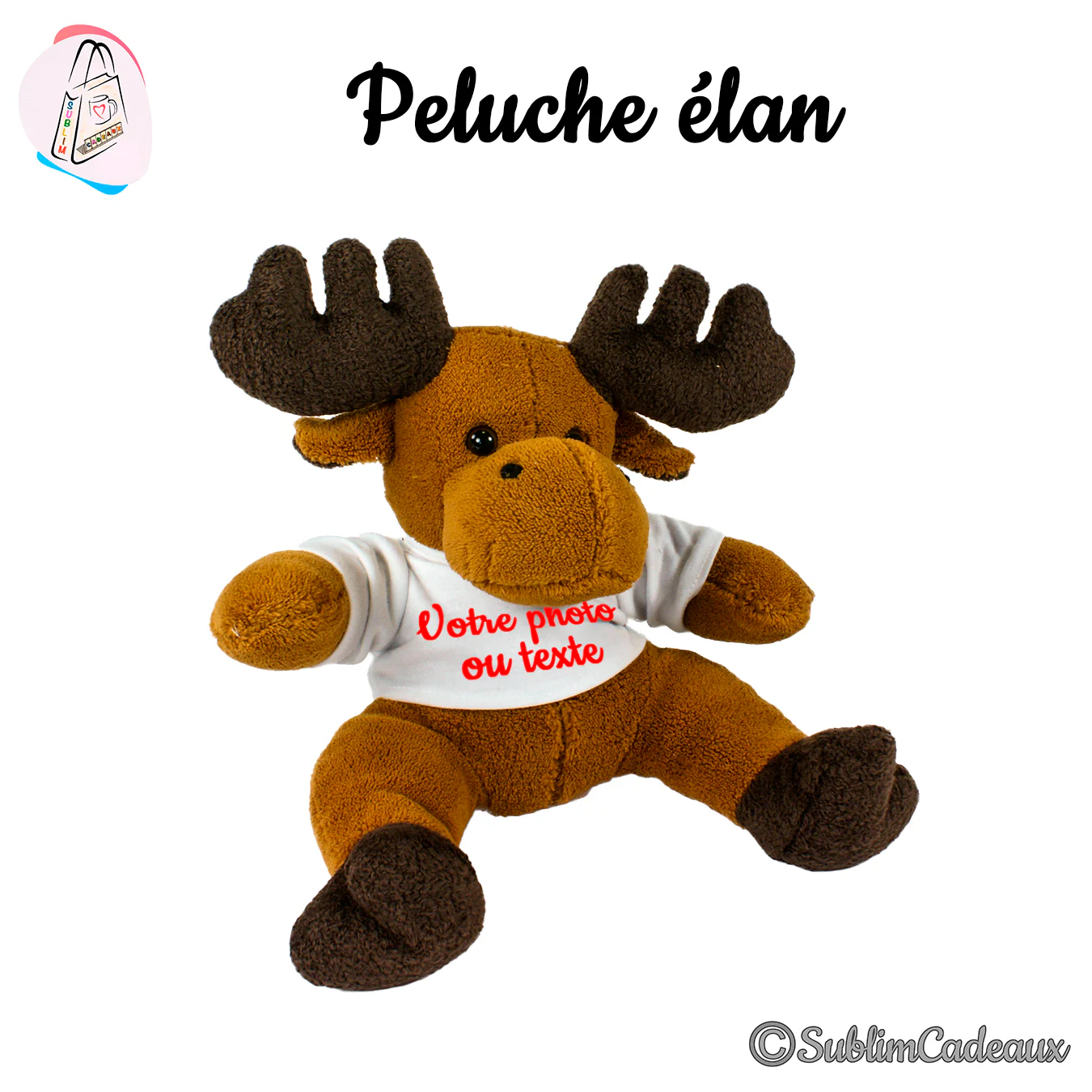Peluche élan brun aux bois foncés, vêtue d'un tee-shirt blanc à personnaliser avec photo ou texte