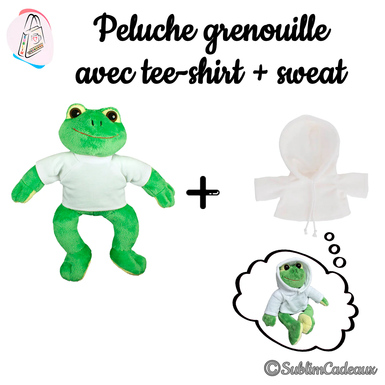 Peluche grenouille verte vêtue d'un tee-shirt blanc, présentée avec un petit sweat à capuche blanc