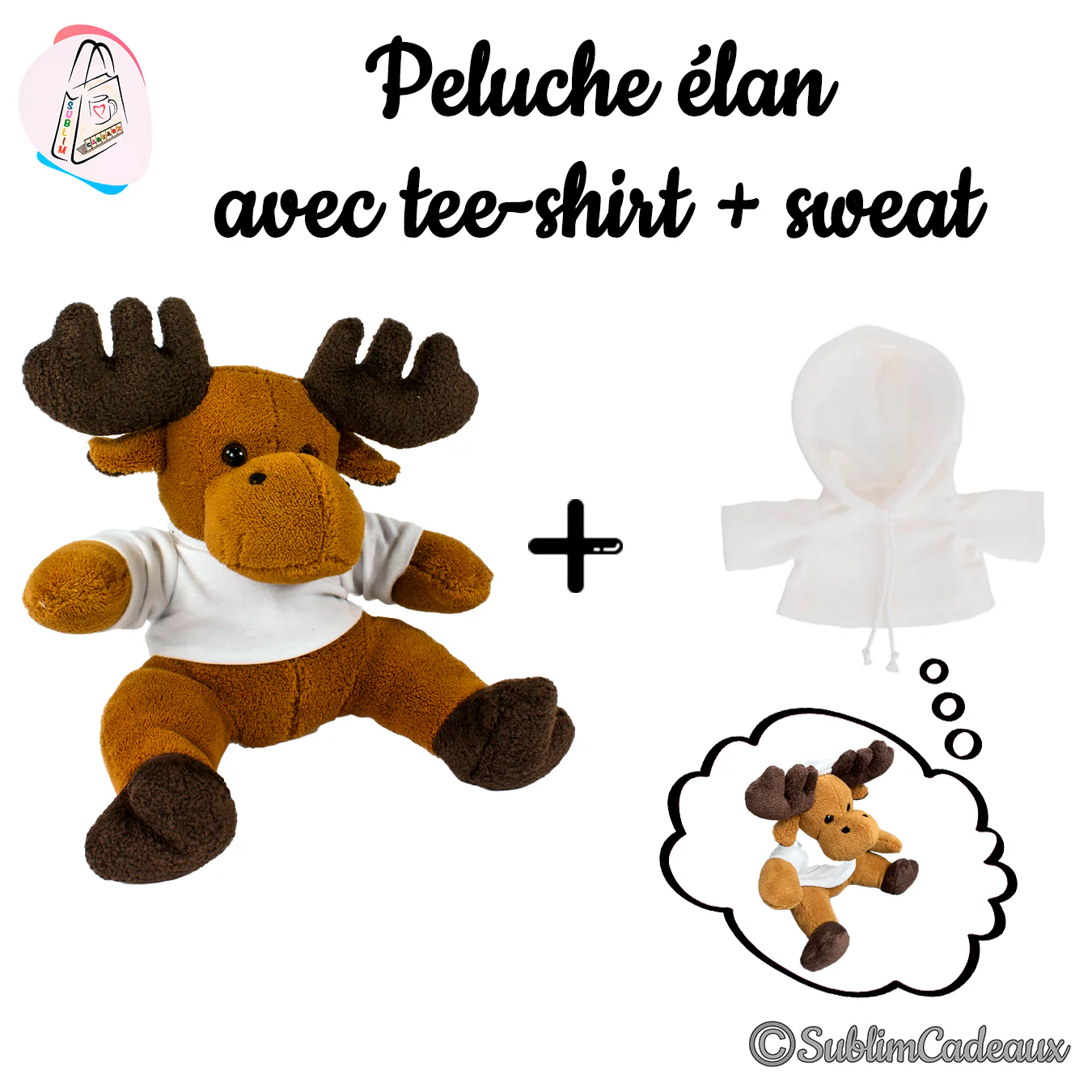 Peluche élan marron portant un tee-shirt blanc, accompagnée d'un petit sweat à capuche blanc