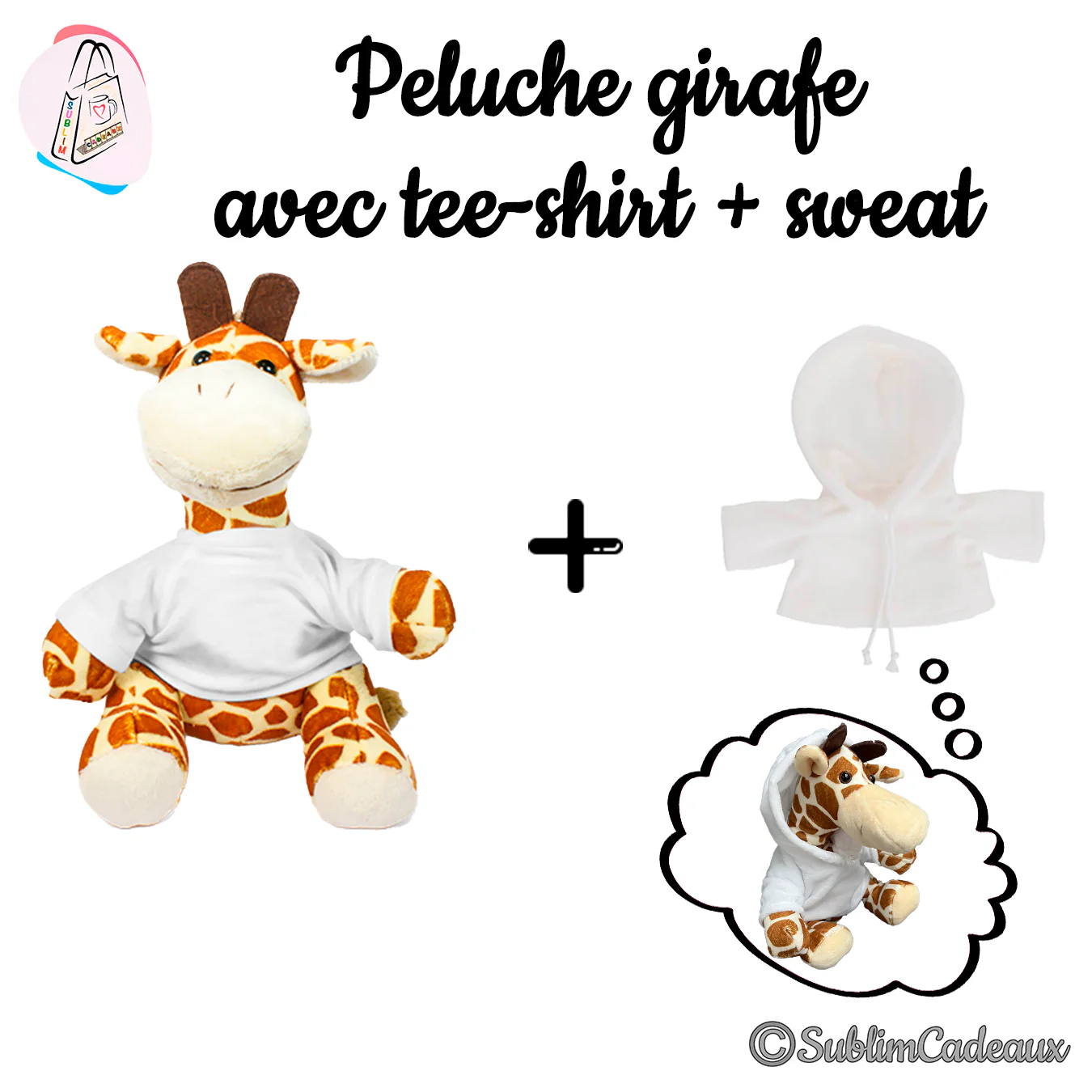Peluche girafe tachetée vêtue d'un tee-shirt blanc, présentée avec un petit sweat à capuche blanc