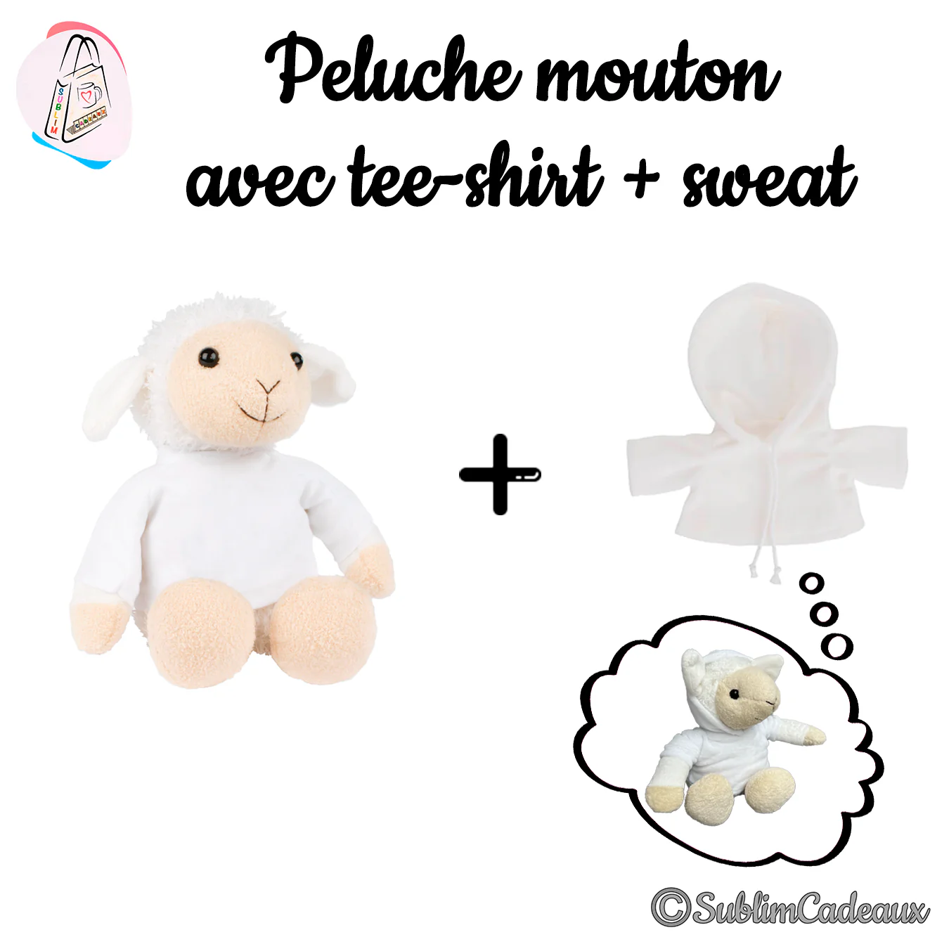 Peluche mouton crème et blanche portant un tee-shirt blanc, avec un petit sweat à capuche blanc