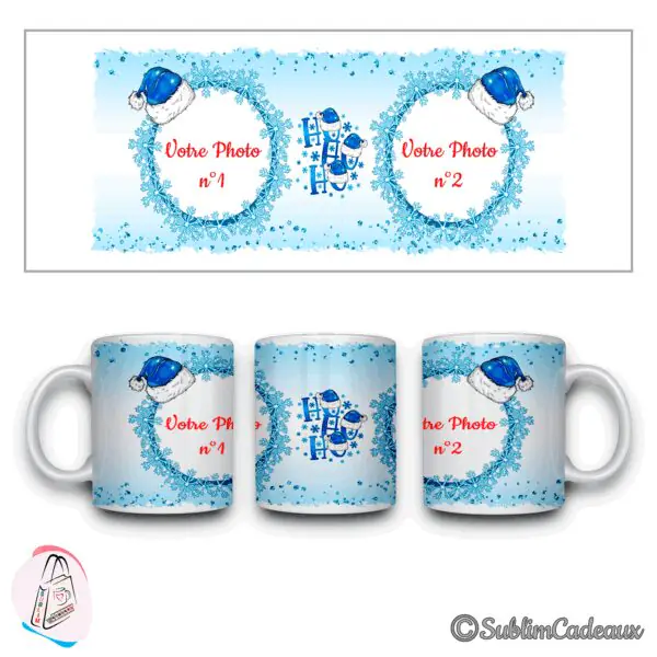 Mug en céramique blanc au décor de Noël imprimé : couronnes de flocons bleus, bonnets de Père Noël et lettrage Ho Ho Ho