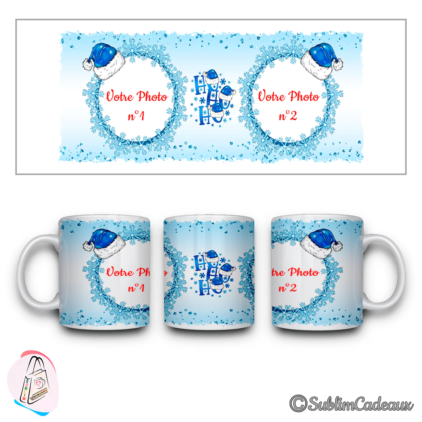 Mug en céramique blanc au décor de Noël imprimé : couronnes de flocons bleus, bonnets de Père Noël et lettrage Ho Ho Ho