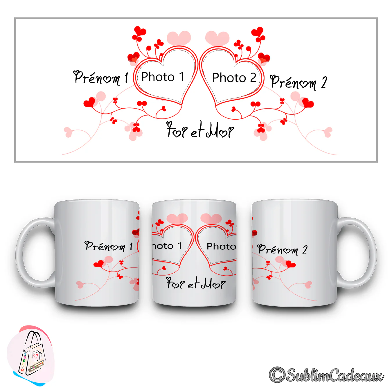 Mug blanc en céramique imprimé de deux cœurs entrelacés en cadres photo, ornés d'arabesques de cœurs rouges et roses