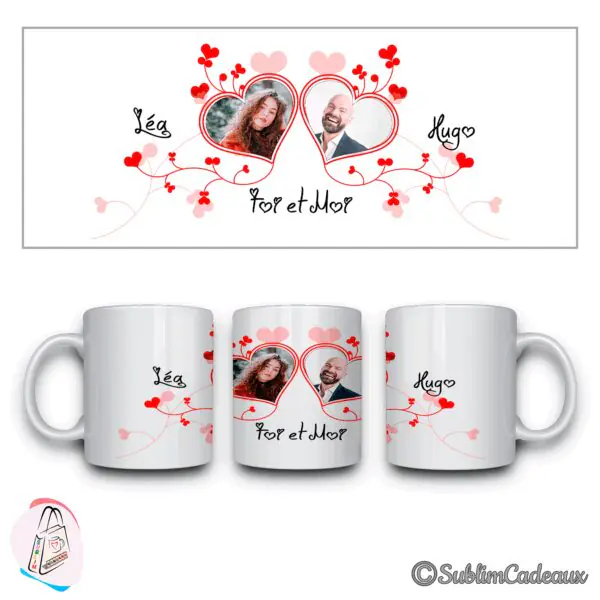 Mug blanc en céramique imprimé de deux photos en cœur, femme et homme, arabesques de cœurs rouges et prénoms Léa et Hugo