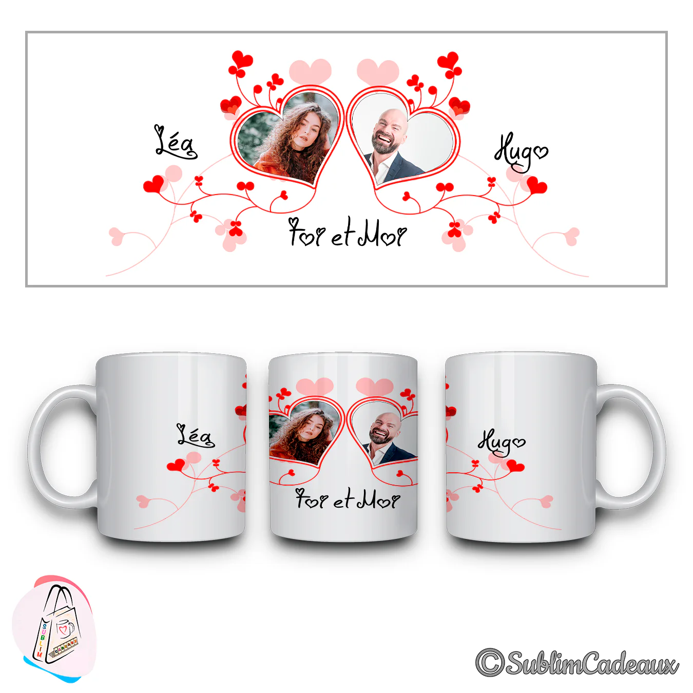 Mug blanc en céramique imprimé de deux photos en cœur, femme et homme, arabesques de cœurs rouges et prénoms Léa et Hugo
