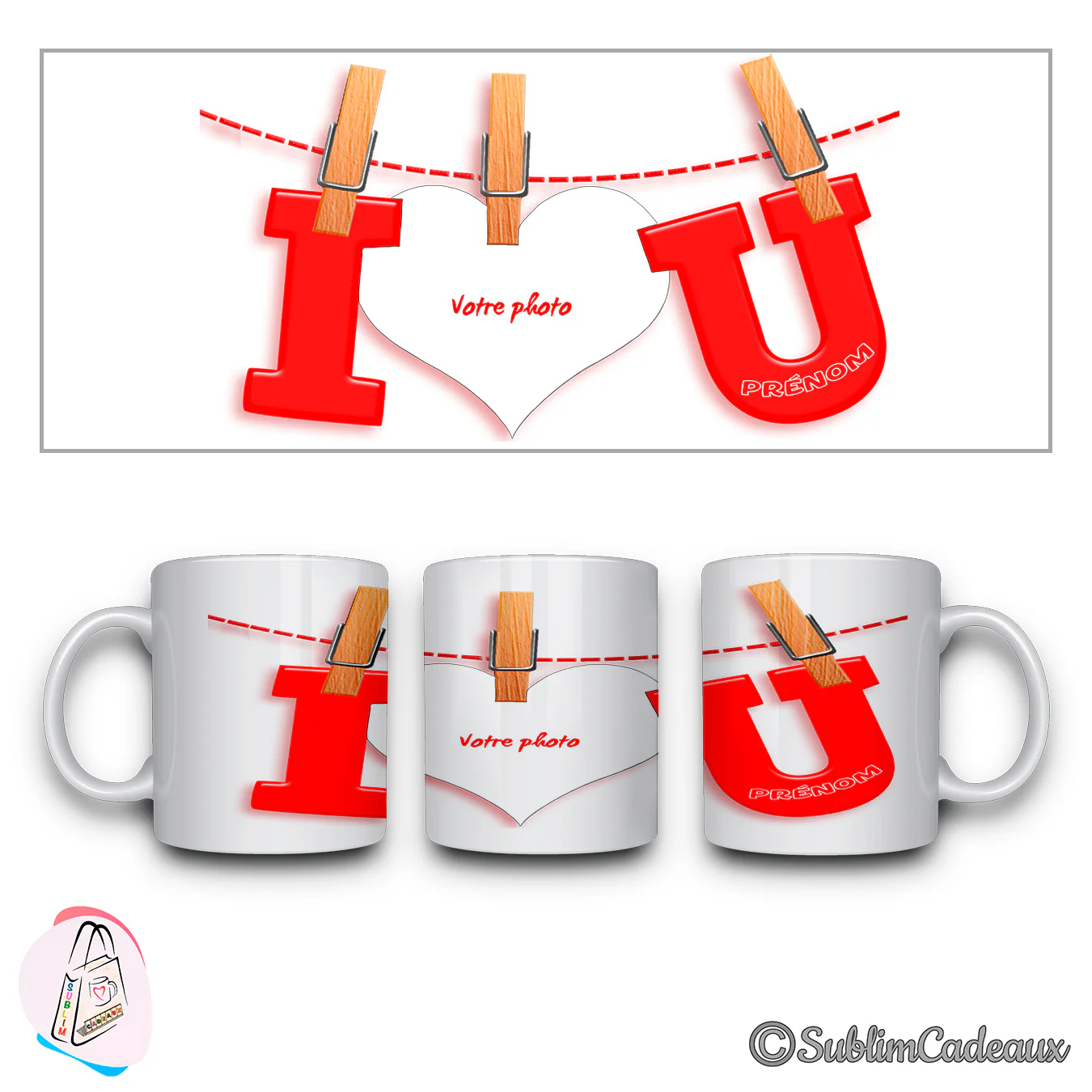 Mug blanc en céramique imprimé de lettres rouges « I love U » suspendues à des pinces à linge et d'un cadre en cœur