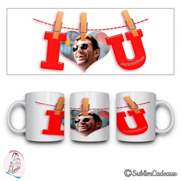 Mug imprimé d'une photo d'homme à lunettes de soleil en cœur, de grandes lettres rouges « I love U » et du prénom Andréas