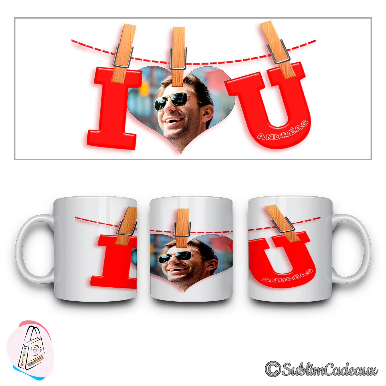 Mug imprimé d'une photo d'homme à lunettes de soleil en cœur, de grandes lettres rouges « I love U » et du prénom Andréas