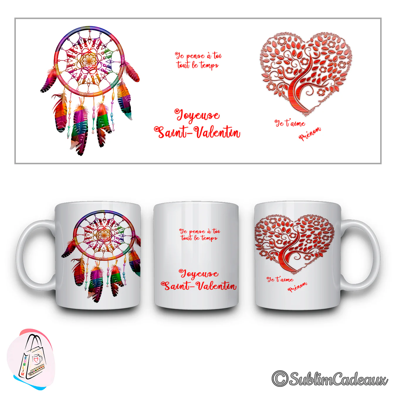 Mug blanc imprimé d'un attrape-rêves arc-en-ciel à plumes colorées et d'un cœur arbre de vie rouge, thème Saint-Valentin