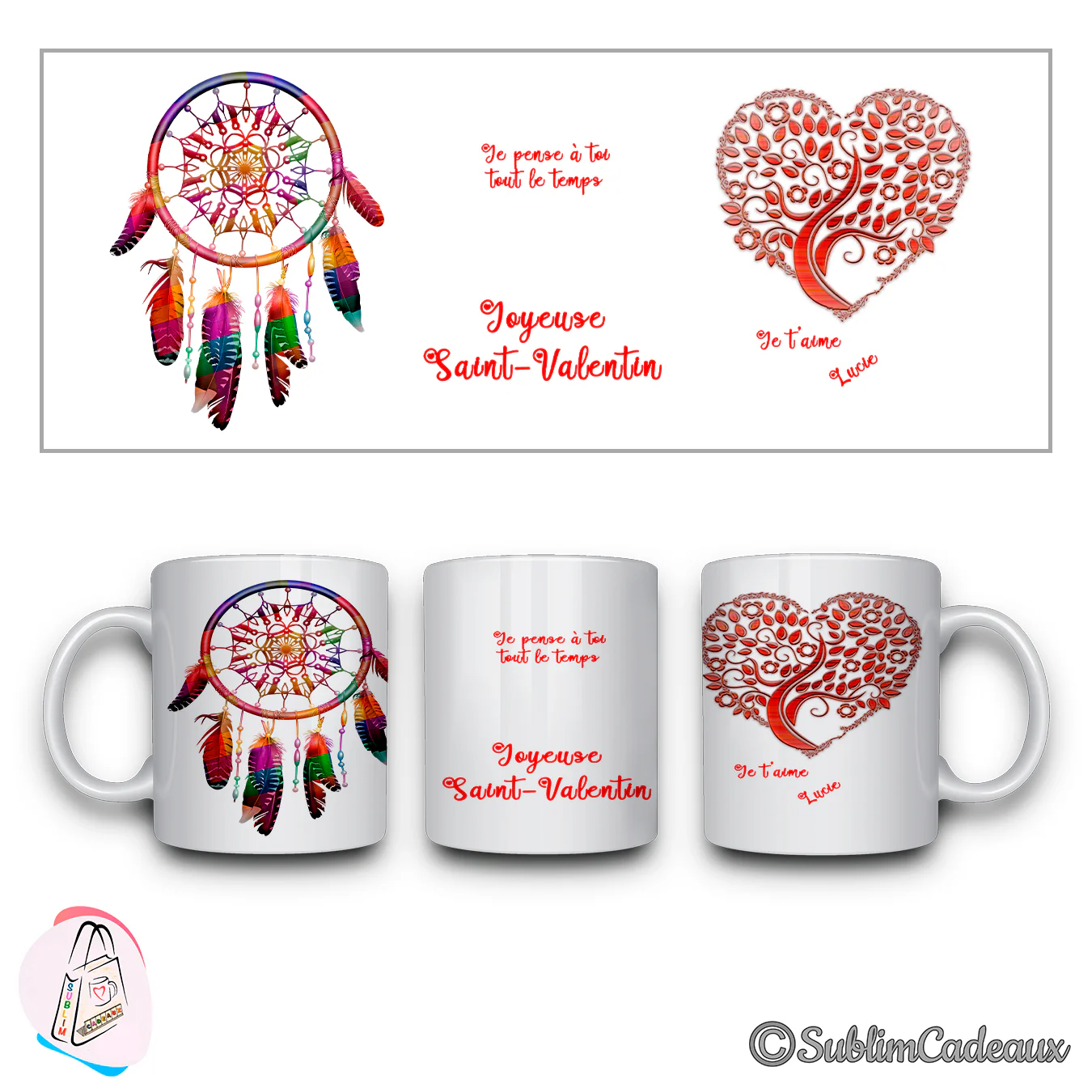 Mug imprimé d'un attrape-rêves multicolore à plumes, d'un arbre de vie en cœur et du texte rouge « Joyeuse Saint-Valentin »