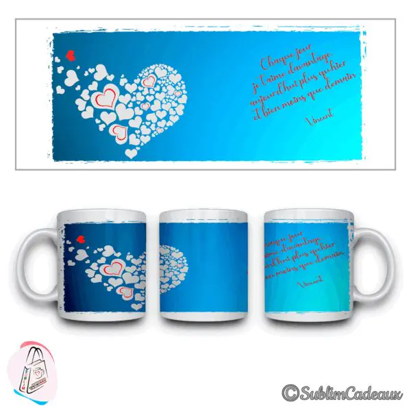 Mug bleu en céramique imprimé d'un cœur composé de petits cœurs blancs, d'un poème d'amour rouge et du prénom Vincent