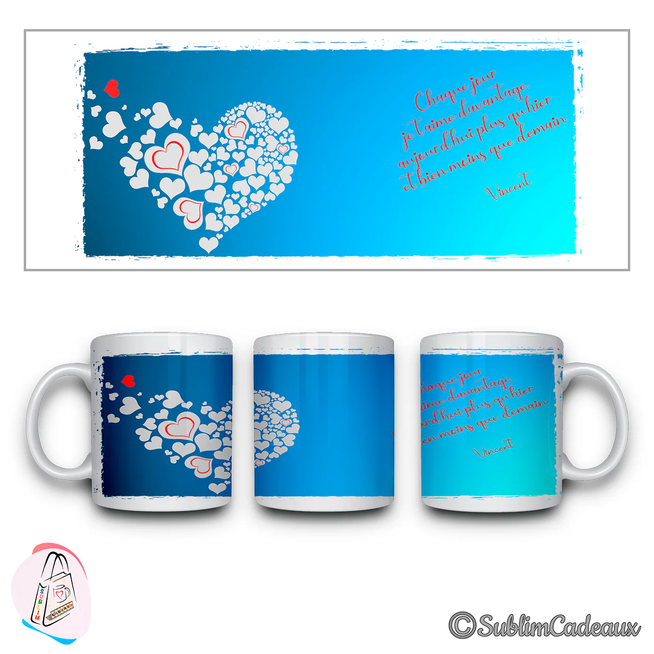 Mug bleu en céramique imprimé d'un cœur composé de petits cœurs blancs, d'un poème d'amour rouge et du prénom Vincent