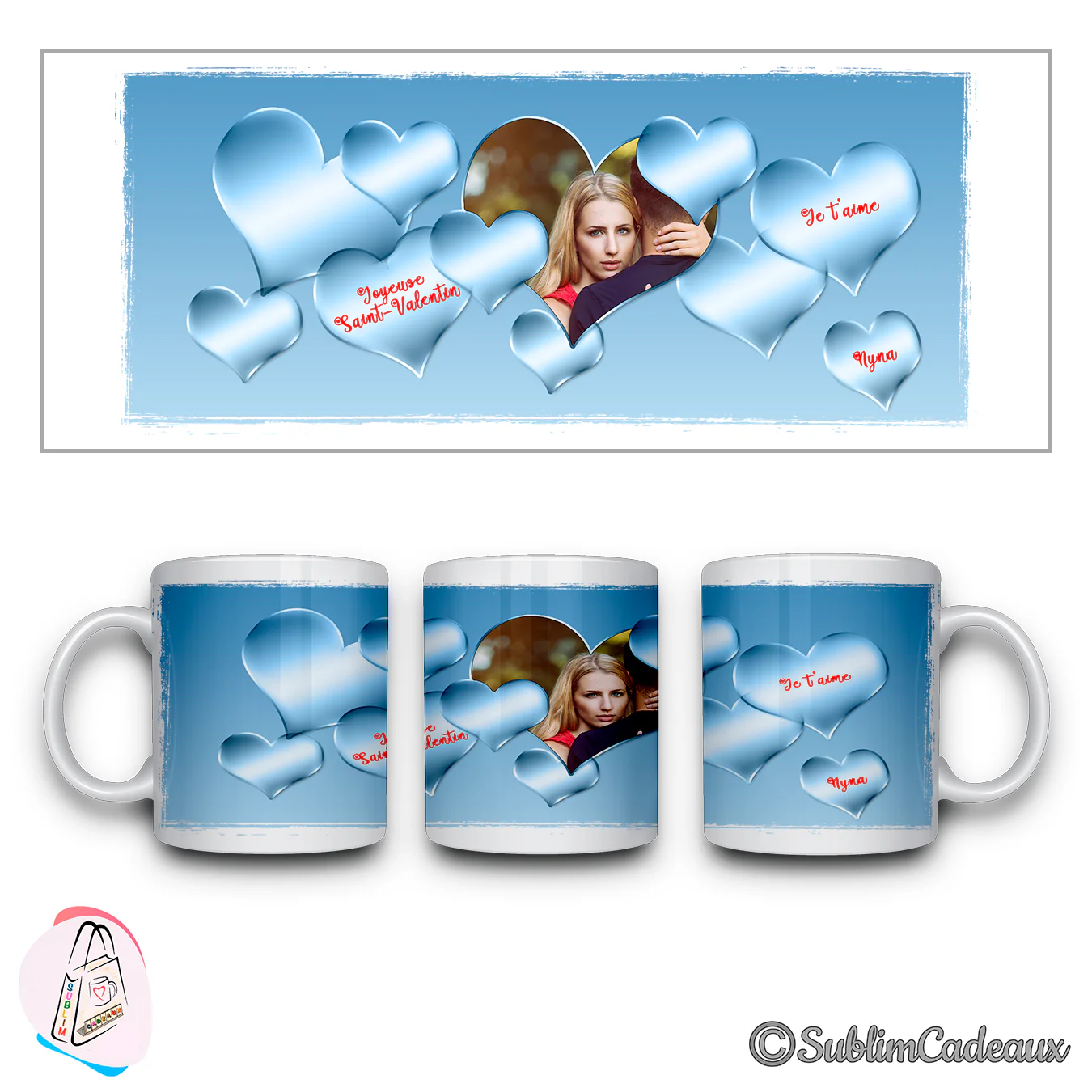 Mug en céramique imprimé de cœurs bleus brillants, d'une photo de femme blonde en cœur et du texte « Joyeuse Saint-Valentin »