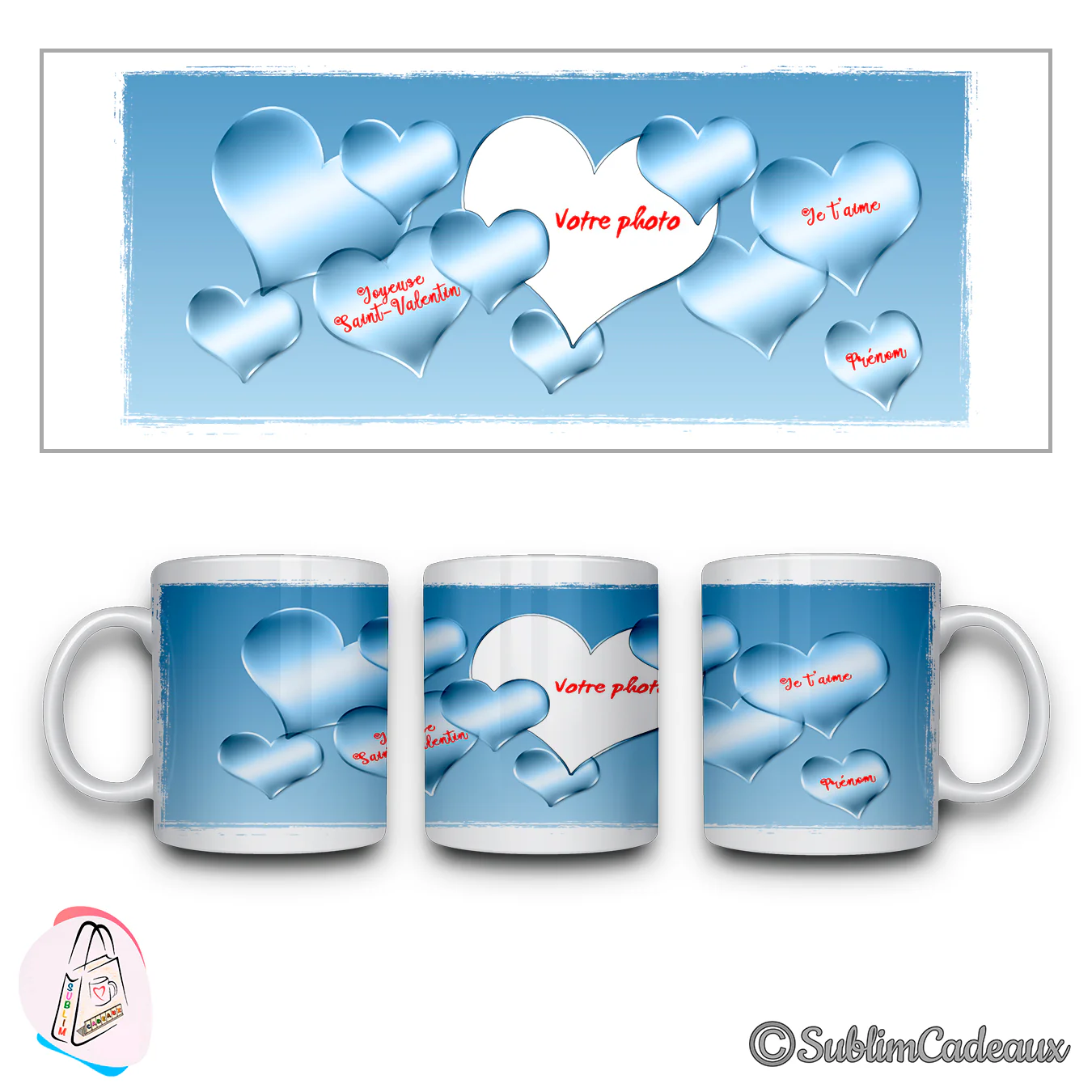 Mug blanc en céramique imprimé de cœurs bleus en relief sur fond bleu, cadre photo en cœur et « Joyeuse Saint-Valentin »