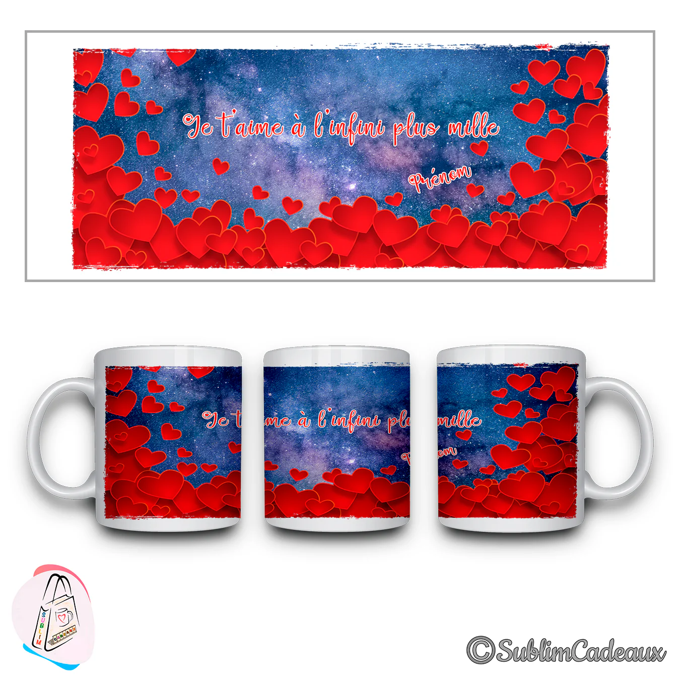Mug blanc en céramique imprimé d'un ciel étoilé bleu semé de cœurs rouges avec « Je t'aime à l'infini plus mille »