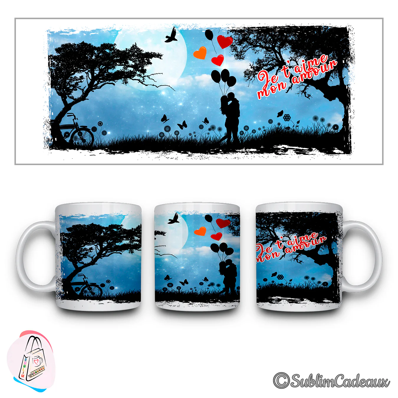 Mug imprimé d'une scène nocturne : couple enlacé sous un arbre, lune et ballons cœur, texte « Je t'aime mon amour »