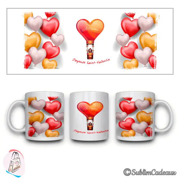 Mug en céramique imprimé de ballons cœur rouges et orange et d'une montgolfière cœur, texte « Joyeuse Saint-Valentin »