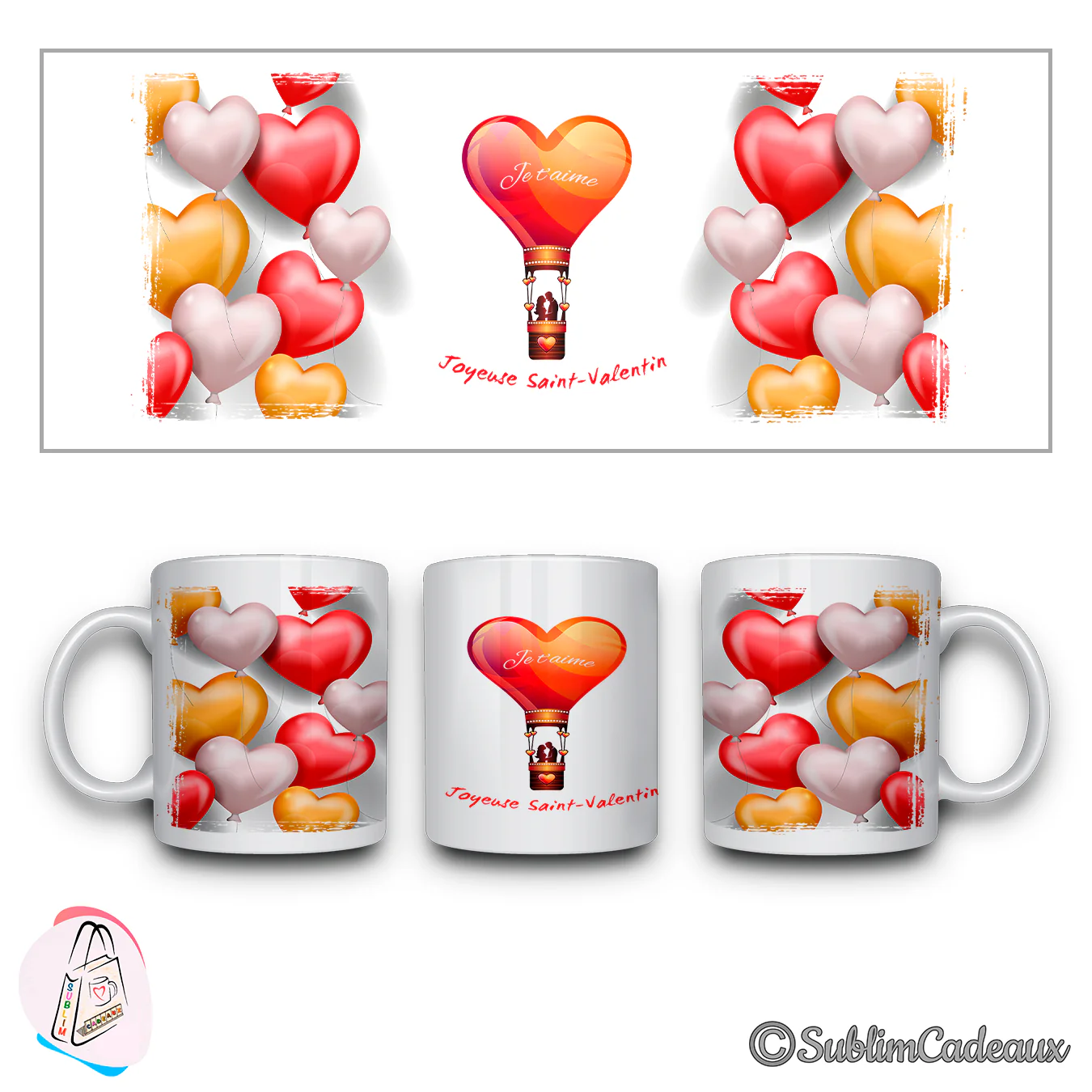Mug en céramique imprimé de ballons cœur rouges et orange et d'une montgolfière cœur, texte « Joyeuse Saint-Valentin »