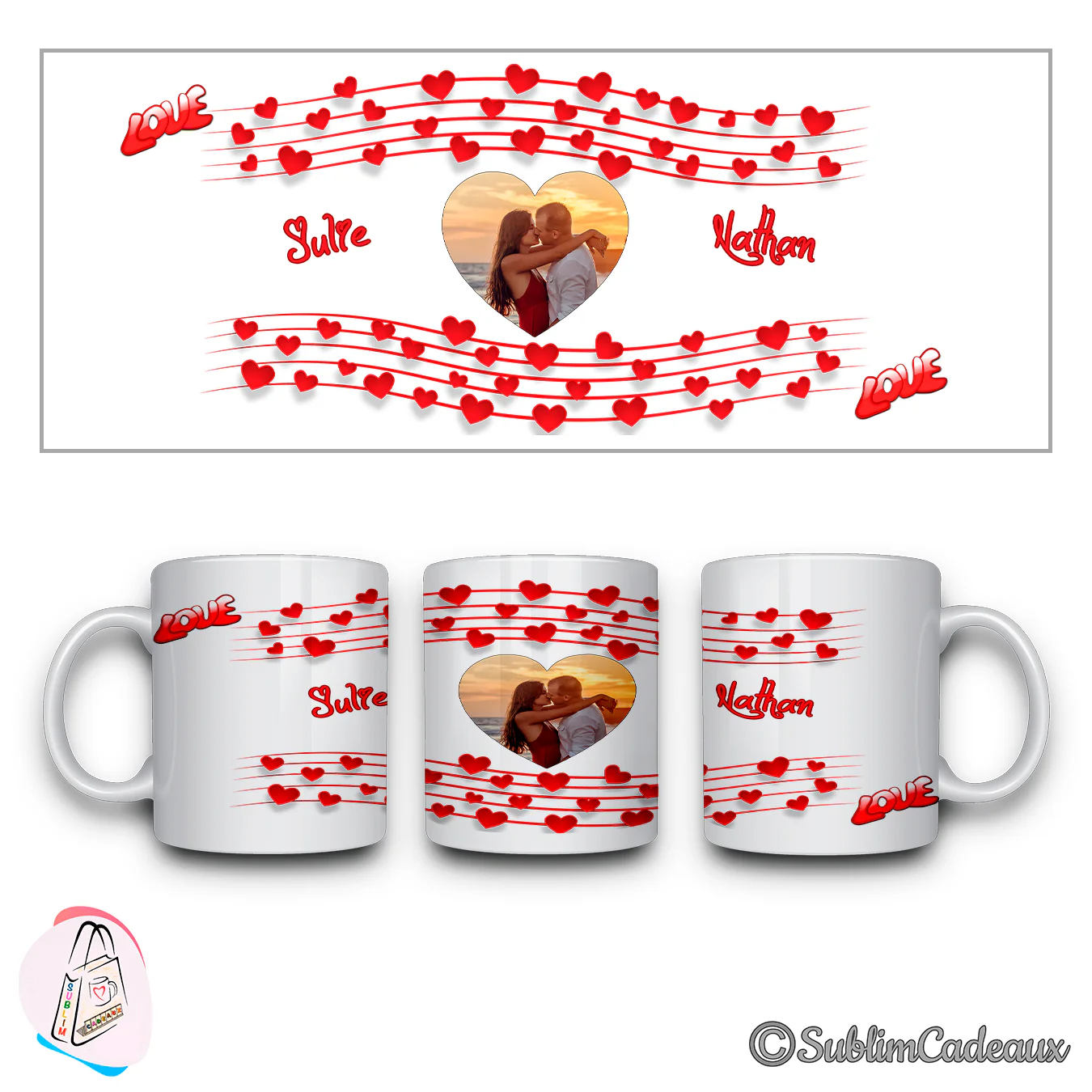 Mug imprimé de cœurs rouges en portée musicale, d'une photo de couple au coucher de soleil et des prénoms Julie et Nathan