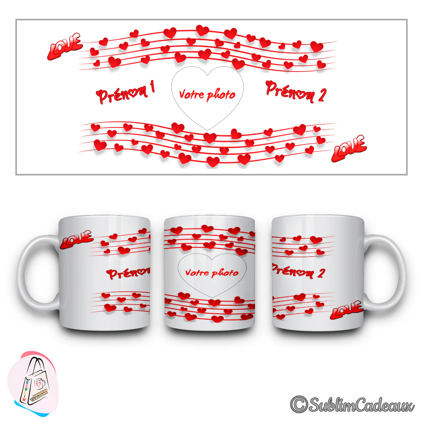 Mug blanc en céramique imprimé de portées musicales dont les notes sont de petits cœurs rouges et d'un cadre en cœur