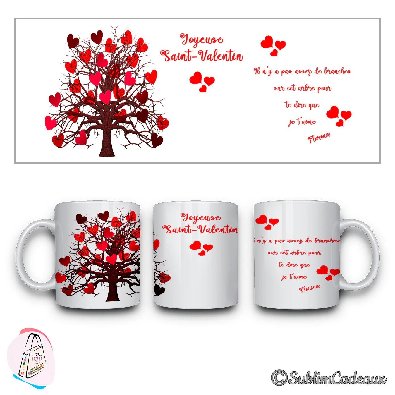 Sur mug en céramique blanc, arbre aux feuilles en forme de cœurs rouges, texte Joyeuse Saint-Valentin et mot d'amour