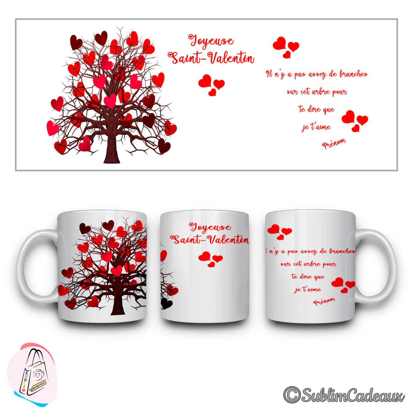 Mug blanc en céramique imprimé d'un arbre aux feuilles en cœurs rouges et du texte Joyeuse Saint-Valentin