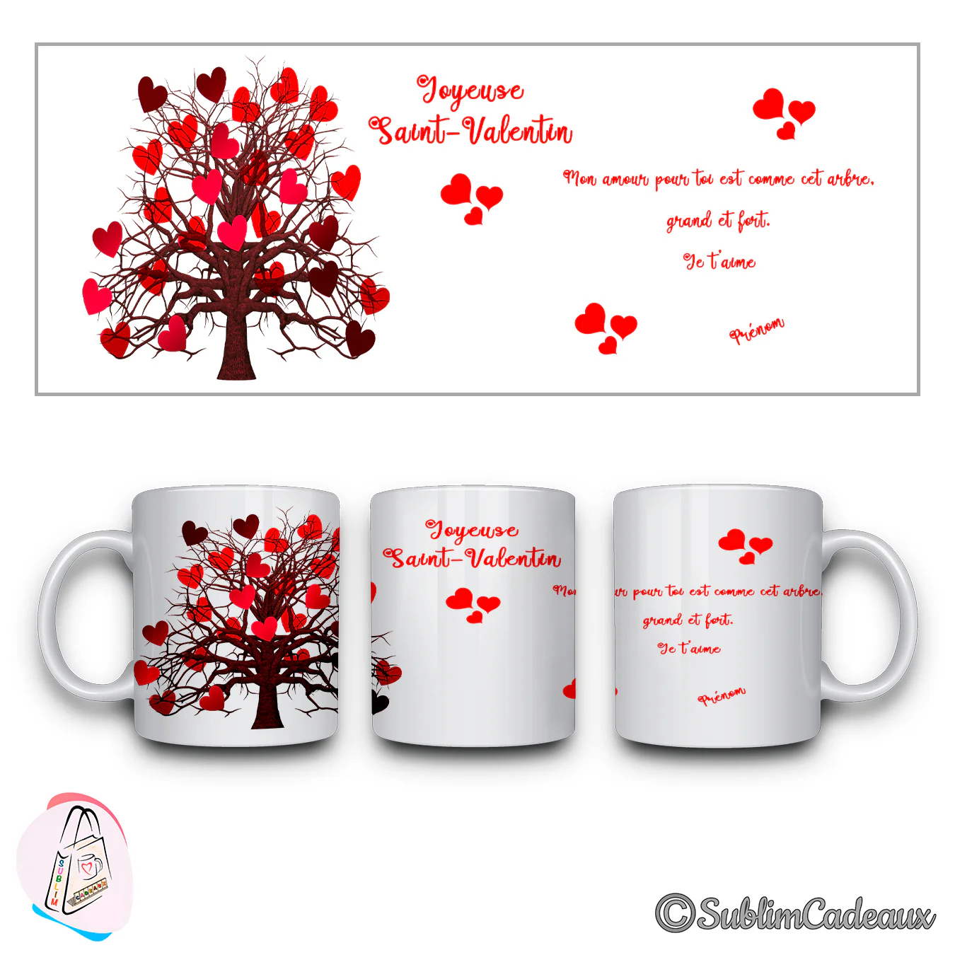 Mug blanc en céramique imprimé d'un arbre à cœurs rouges, mention Joyeuse Saint-Valentin et un Je t'aime