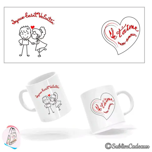 Mug en céramique blanc, couple de personnages dessinés au trait, texte Joyeux Saint Valentin et cœur Je t'aime mon amour